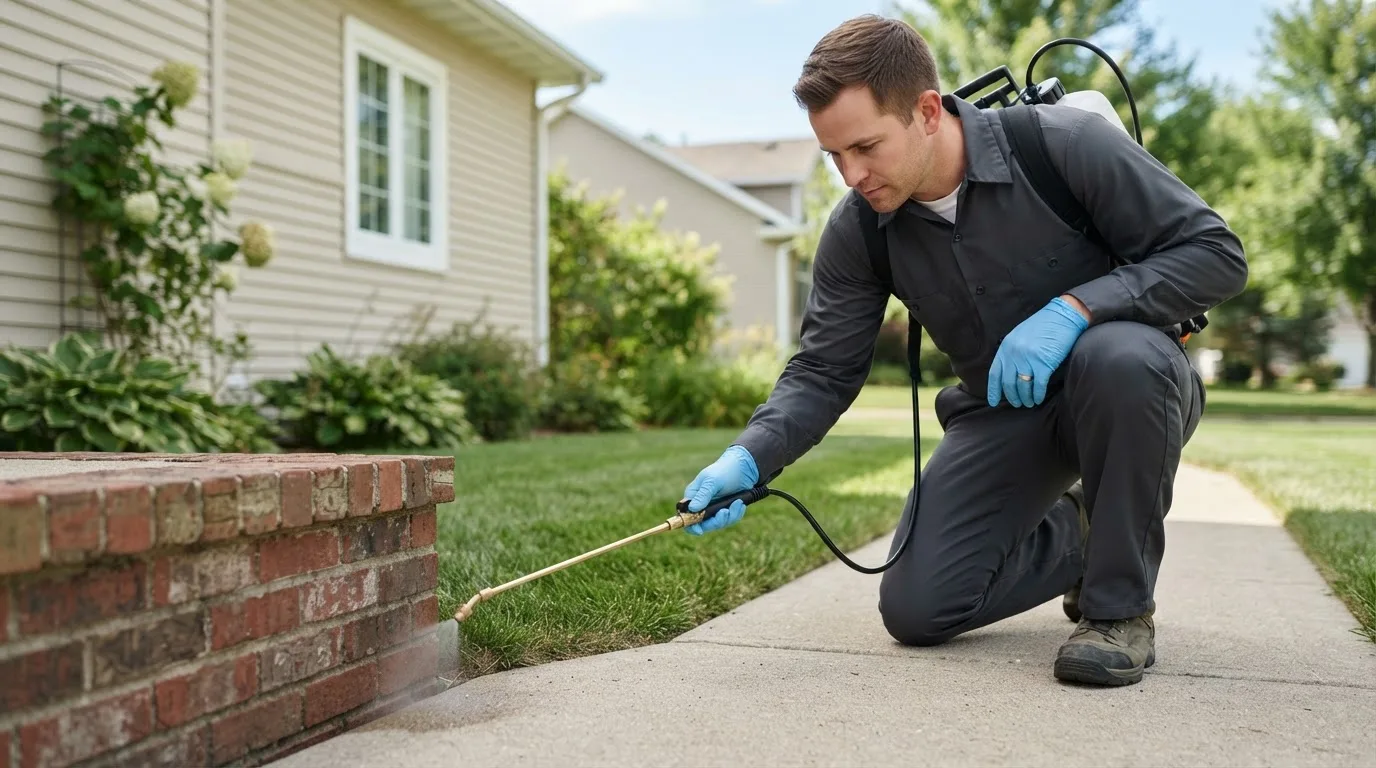 Pest control technician treating a home near Millfield, OH