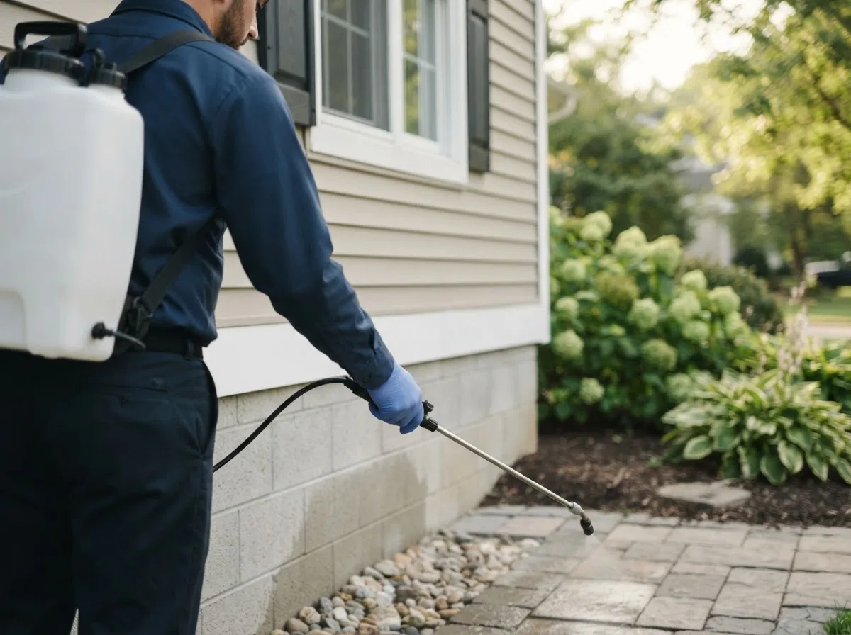 Pest control technician inspecting a home in Millfield, OH